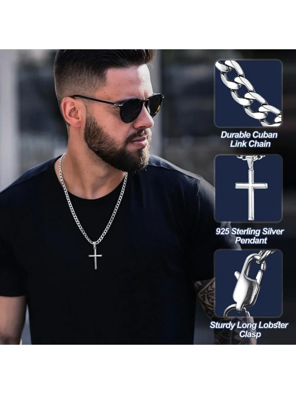 925 Sterling Silver Cross Necklace for Men & Women - Durable Cuban Link Chain